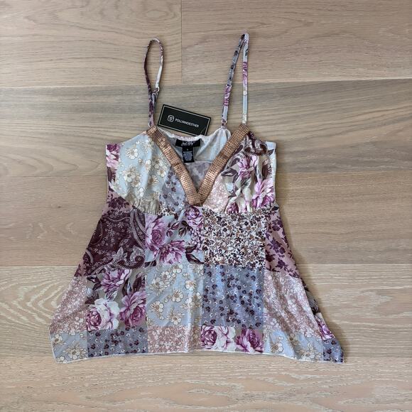 Just Polly Tops - Just Polly Patchwork Floral Spaghetti Strap Tank Top y2k Viral Large NEW
